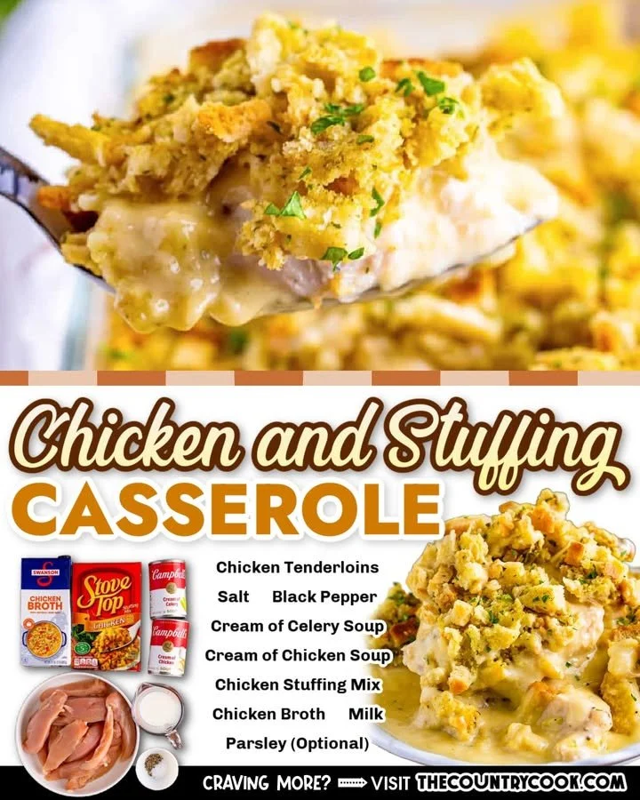 Delicious Chicken and Stuffing Casserole served on a plate with herbs