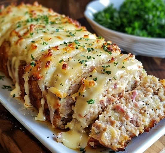 Chicken Cordon Bleu Meatloaf Extravaganza served on a plate with garnishes