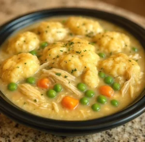 A delicious bowl of chicken dumplings served with broth and herbs