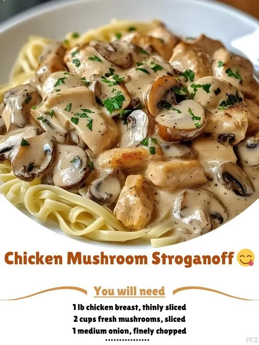 Delicious Chicken Mushroom Stroganoff served with pasta