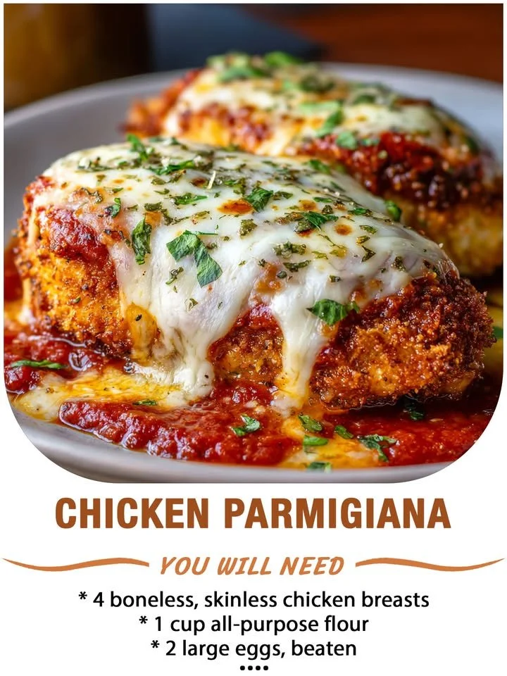 Delicious Chicken Parmigiana with crispy chicken breast and marinara sauce