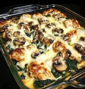 Low carb chicken spinach mushroom oven dish ready to serve