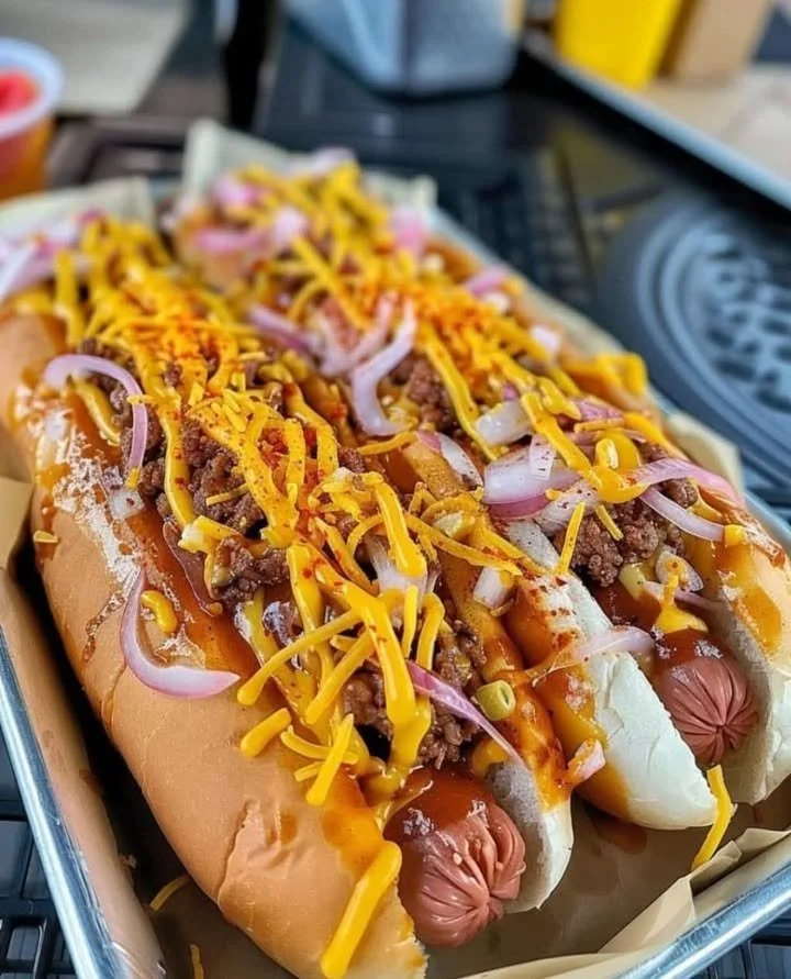 Chili Cheese Coney topped with chili and cheese in a soft bun
