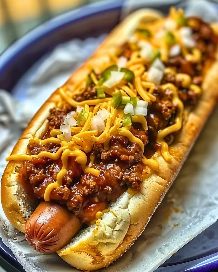 Chili Cheese Dog Sandwich with chili and cheese topping on a bun