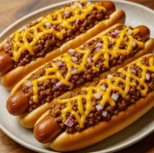 Delicious Chili Cheese Dogs topped with spicy chili and melted cheese.