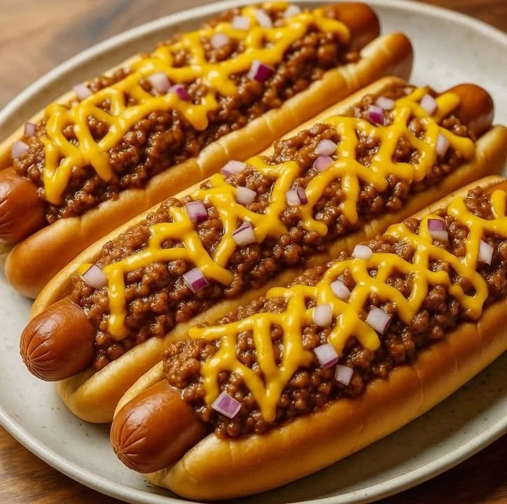 Delicious Chili Cheese Dogs topped with spicy chili and melted cheese.