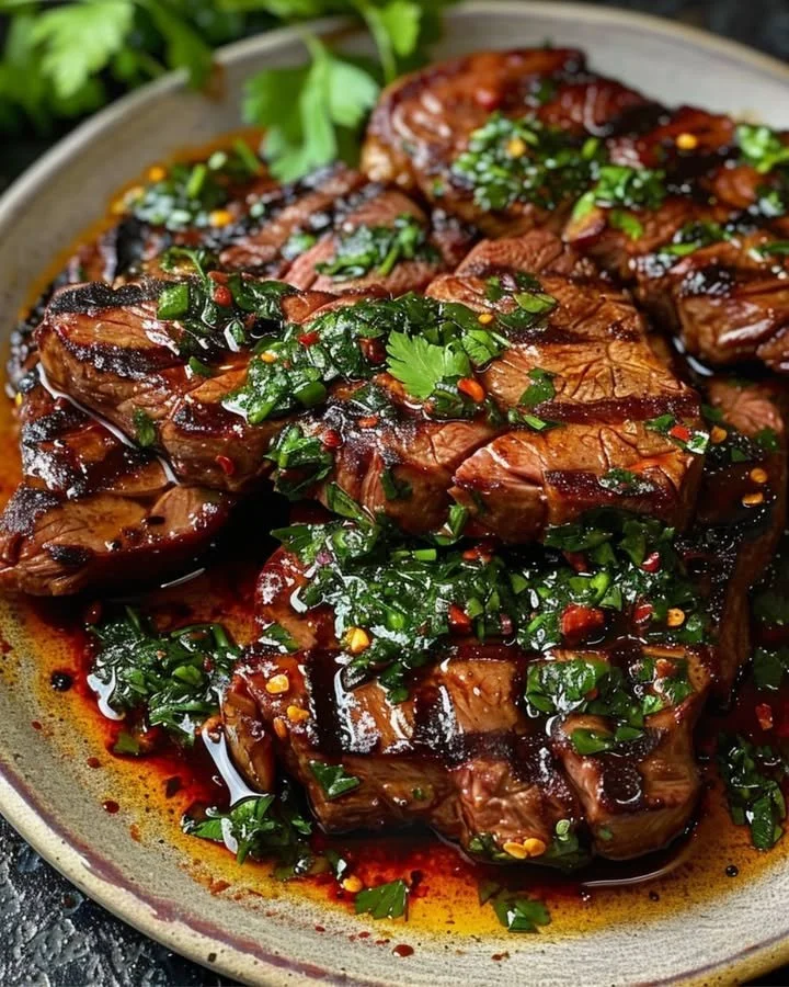 Chimichurri grilled steak served with fresh herbs