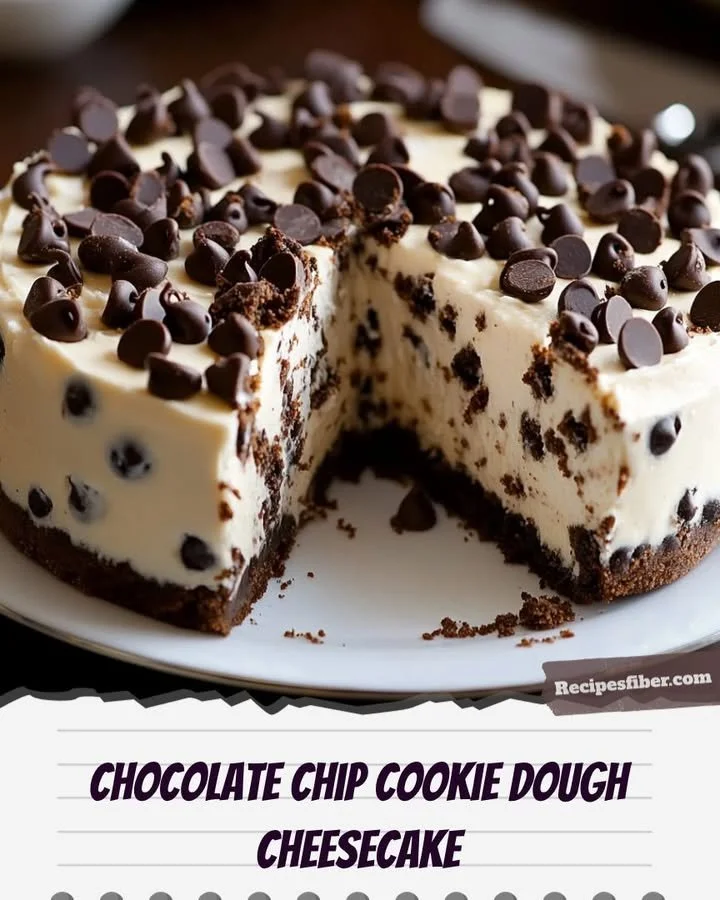 Delicious chocolate chip cookie dough cheesecake slice on a plate