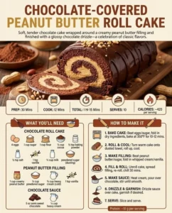 Chocolate-covered peanut butter roll cake with a rich chocolate coating and peanut butter filling