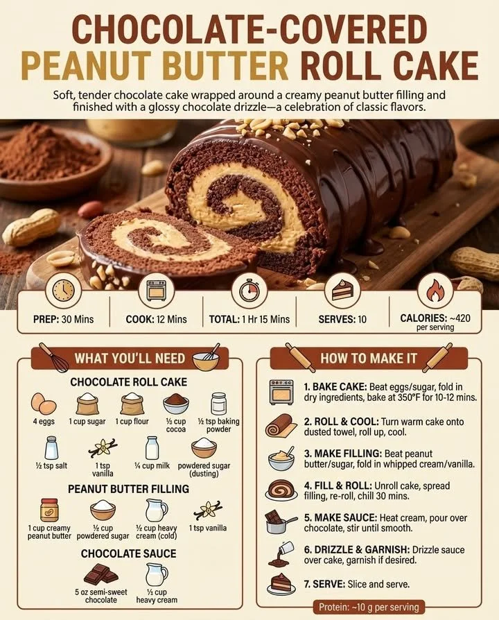 Chocolate-covered peanut butter roll cake with a rich chocolate coating and peanut butter filling