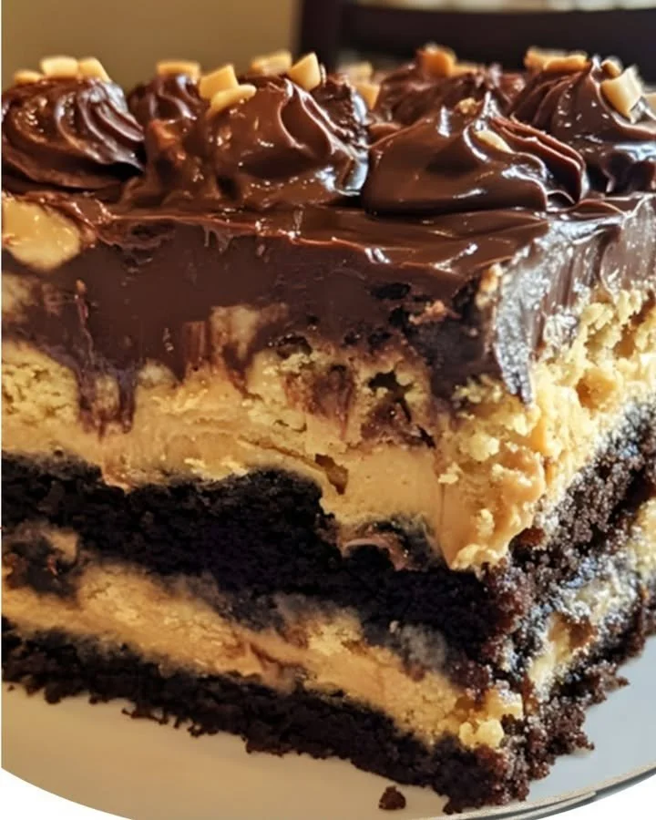 Chocolate peanut butter ooey gooey butter cake slice on a plate