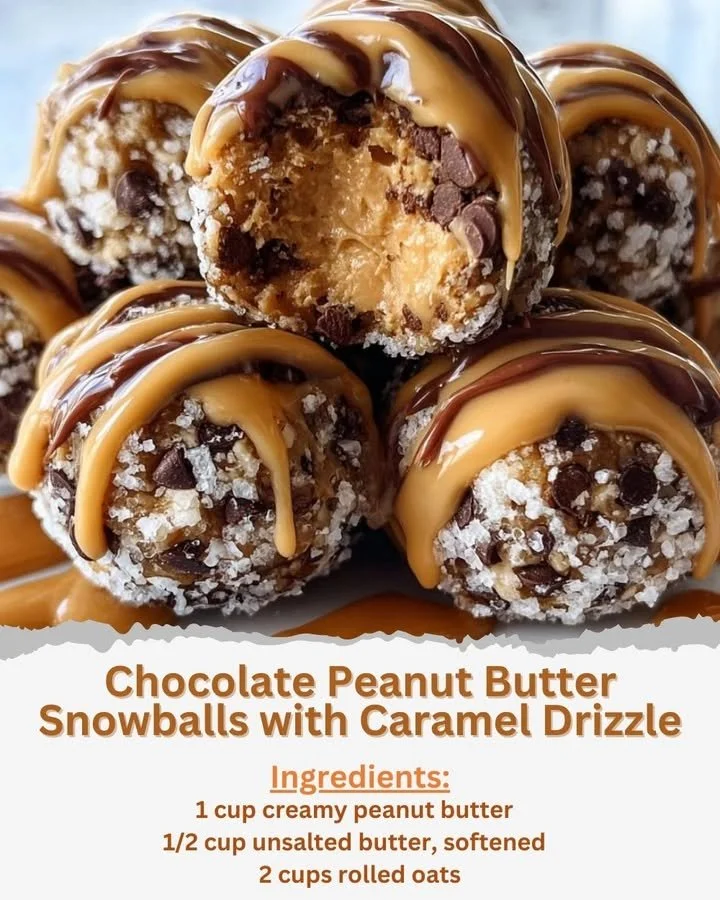 Chocolate peanut butter snowballs topped with caramel drizzle