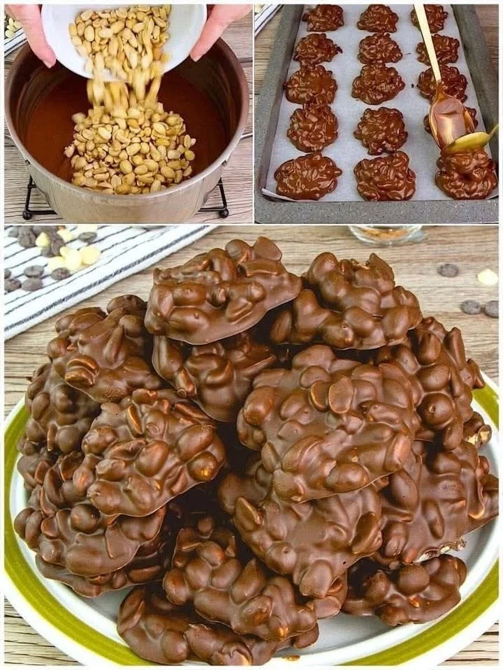 Delicious chocolate peanut clusters on a white plate