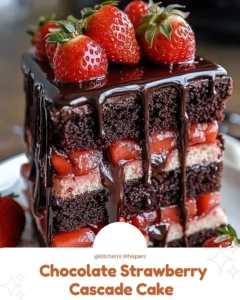 Delicious Chocolate Strawberry Cake with fresh strawberries cascading on top.