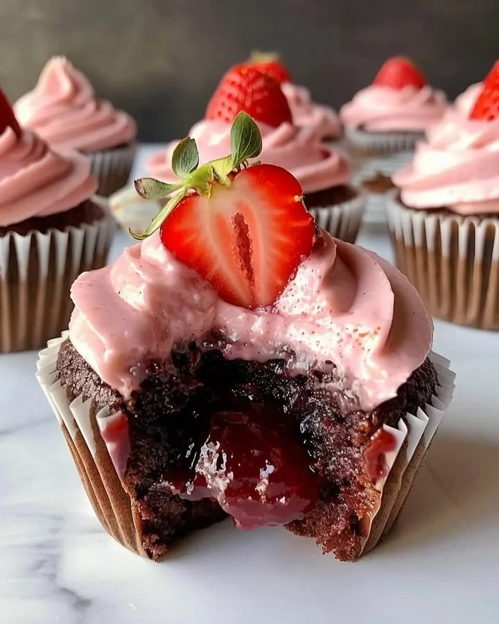 Delicious chocolate strawberry cupcakes with jam filling on a decorative plate