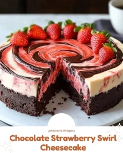 Delicious chocolate strawberry swirl cheesecake with fresh strawberries on top