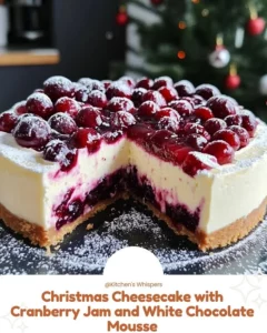 Delicious Christmas cheesecake with cranberry jam and white chocolate mousse topping