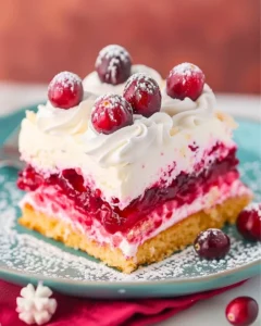 Christmas Cranberry Poke Cake topped with whipped cream and cranberries