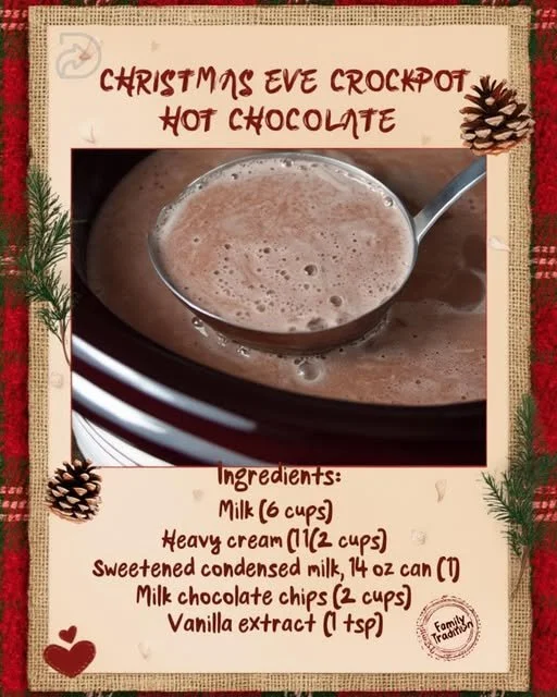 Cozy Christmas Eve crockpot hot chocolate recipe with whipped cream and marshmallows.