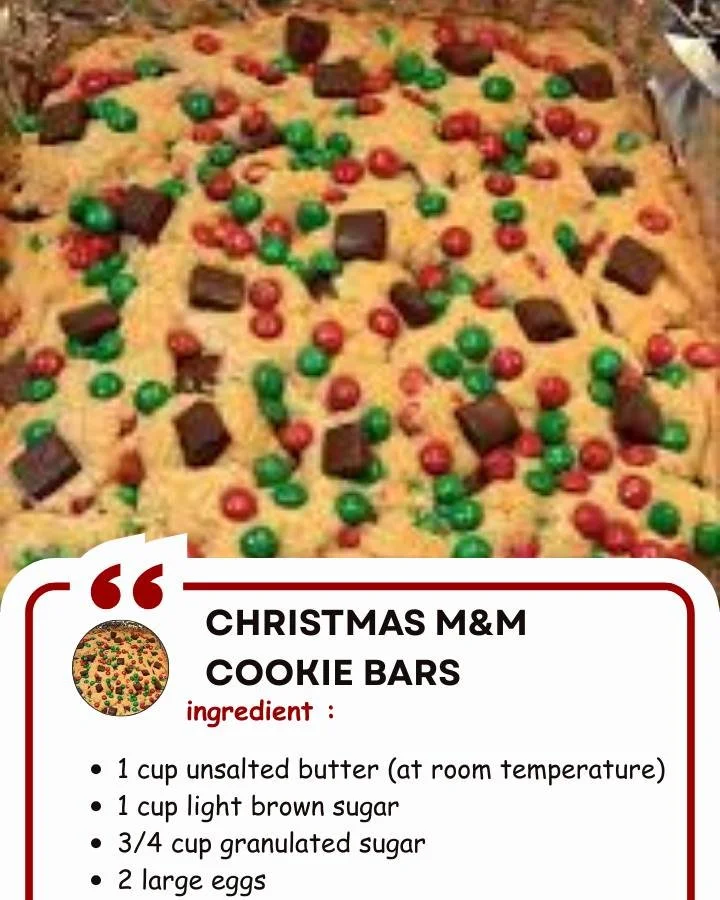 Delicious Christmas M&M cookie bars with colorful candies on top.