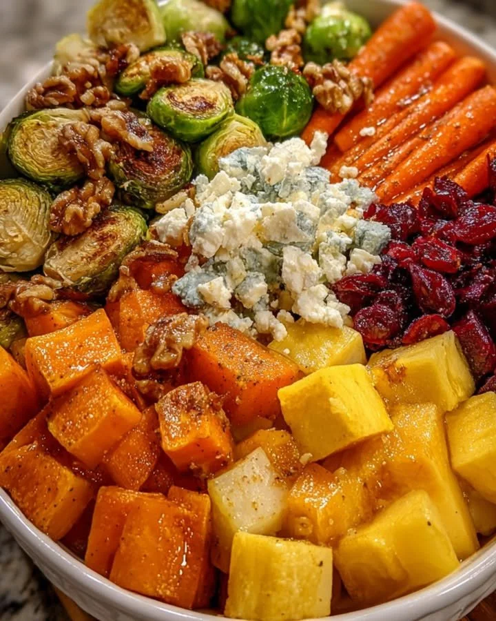 Christmas roasted Brussels sprouts medley with sweet potato, butternut squash, and maple-feta crumble