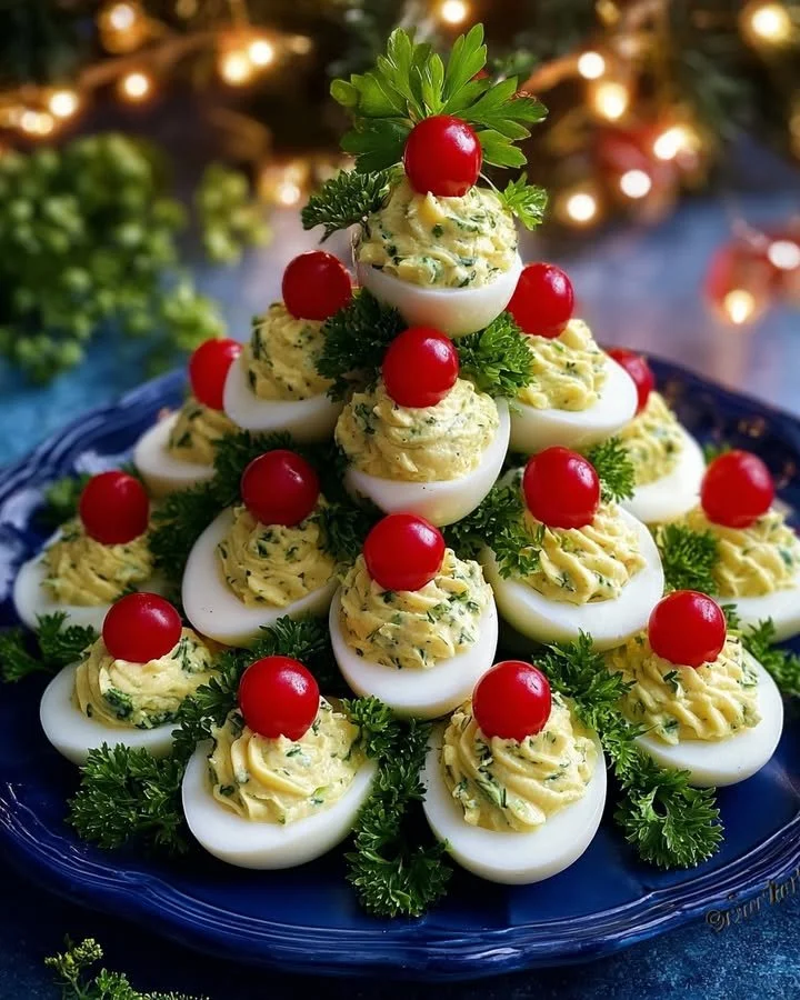 Christmas Tree Deviled Eggs with Herbed Filling on a festive platter