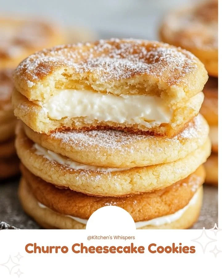 Churro Cheesecake Cookies stacked on a plate, drizzled with caramel.