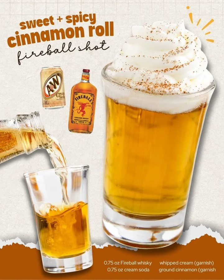 Cinnamon Roll Fireball Shot cocktail in a glass with cinnamon garnish