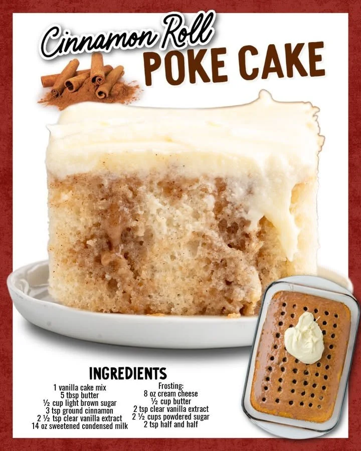 Delicious Cinnamon Roll Poke Cake topped with creamy frosting and cinnamon swirls.