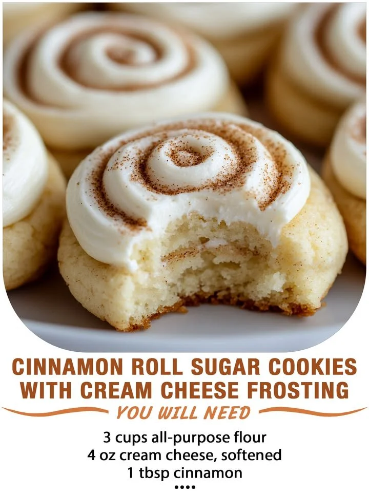 Cinnamon roll sugar cookies topped with cream cheese frosting on a plate