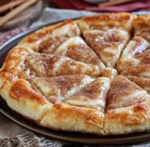 Cinnamon sugar dessert pizza with a golden crust and sweet toppings