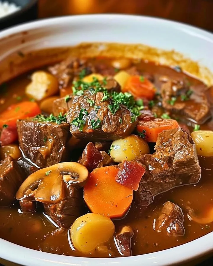 A delicious bowl of classic Beef Bourguignon garnished with herbs