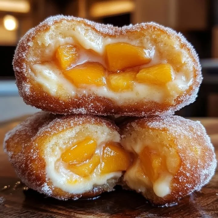 Delicious Classic Peach Cobbler Cheesecake Donuts with peach topping