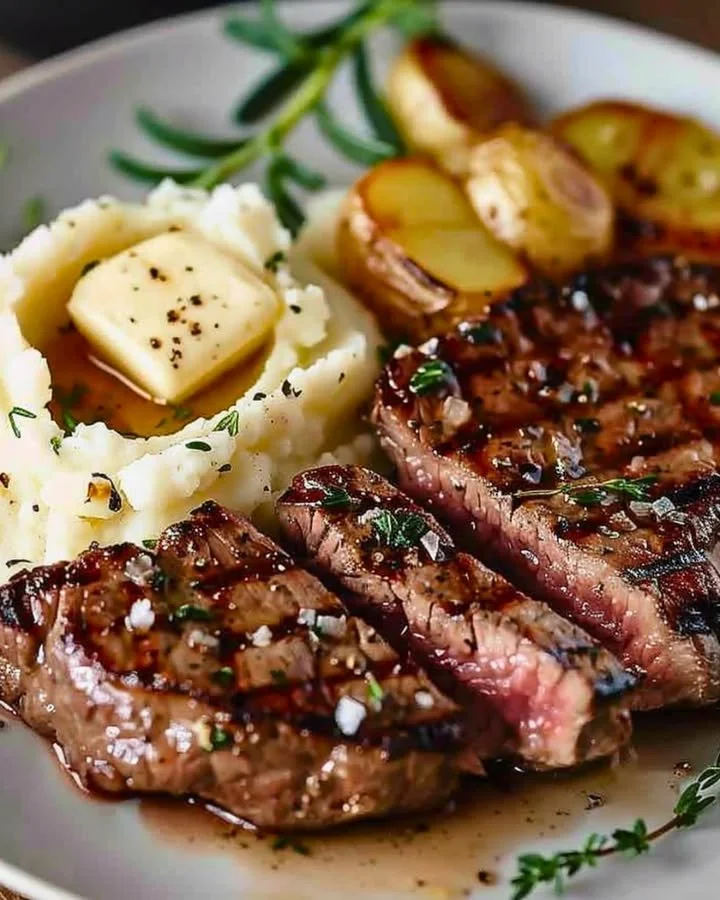 Delicious classic steak with creamy mashed potatoes served on a plate