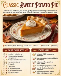 Deliciously baked classic sweet potato pie on a rustic wooden table