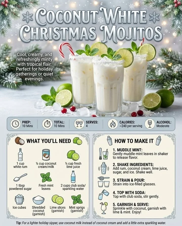 Festive Coconut White Christmas Mojitos garnished with mint and coconut