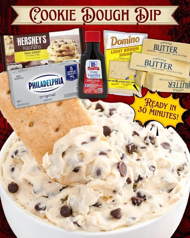 Delicious cookie dough dip served in a bowl with dipping snacks.