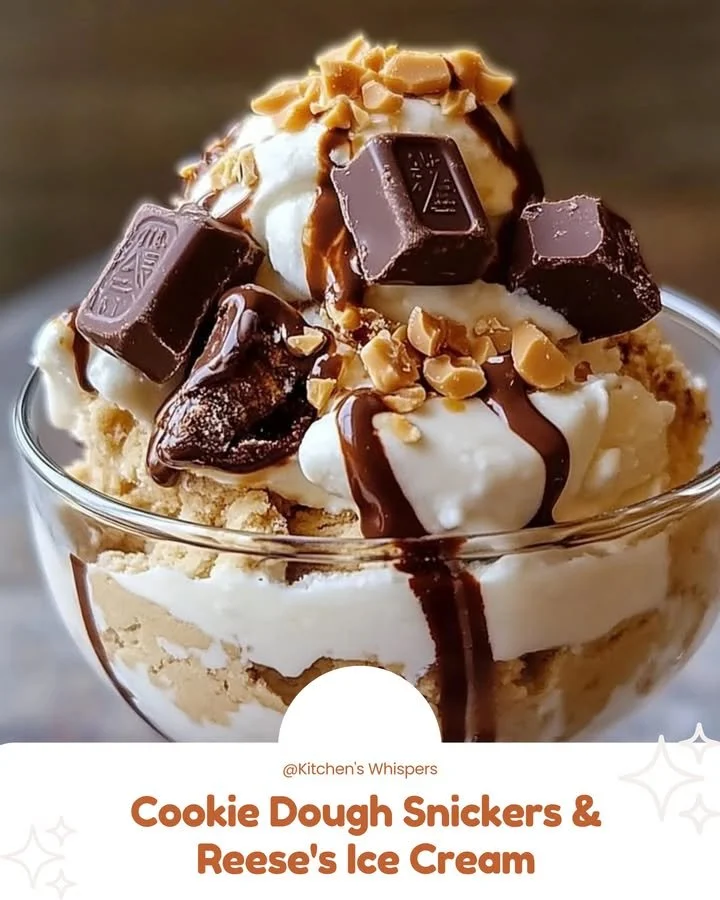 Delicious Cookie Dough Ice Cream with Snickers and Reese's toppings