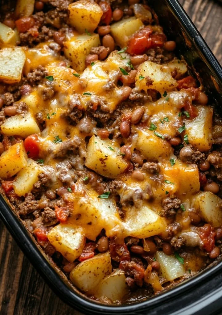 Delicious Cowboy Casserole with ground beef, beans, and cheese in a baking dish.