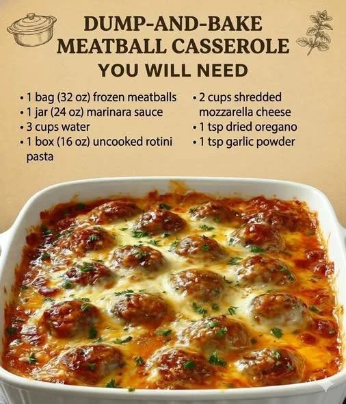 Cozy meatball pasta bake topped with cheese and herbs