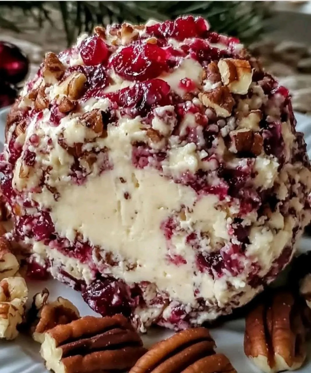 Cranberry pecan cheese ball served on a wooden platter with crackers