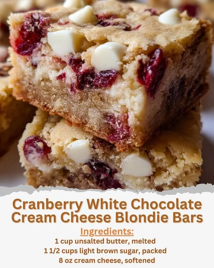 Cranberry White Chocolate Cream Cheese Blondie Bars on a platter