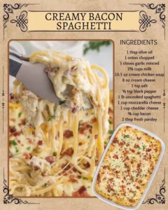 Delicious creamy bacon spaghetti topped with fresh herbs.