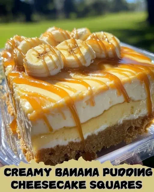 Creamy banana pudding cheesecake squares served on a plate