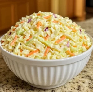 Bowl of creamy coleslaw with fresh cabbage and carrots