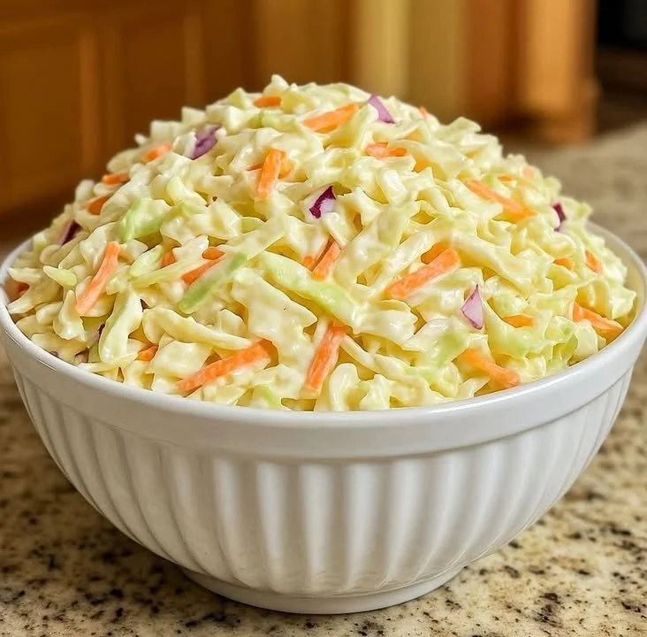 Bowl of creamy coleslaw with fresh cabbage and carrots