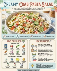 Creamy crab pasta salad in a bowl garnished with fresh herbs