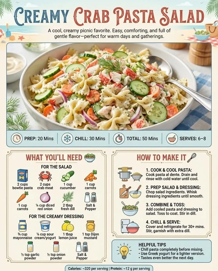 Creamy crab pasta salad in a bowl garnished with fresh herbs