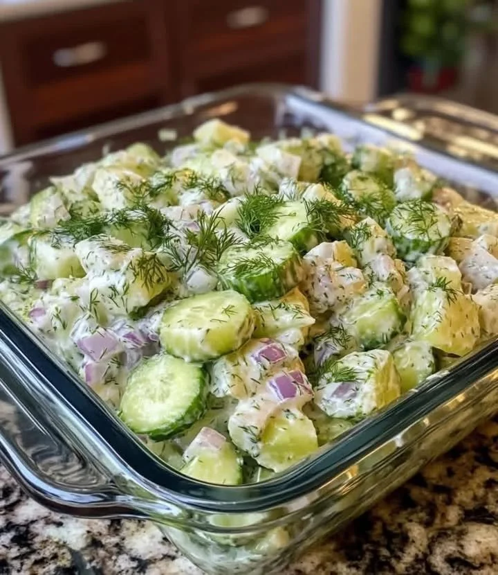 Creamy cucumber and dill salad in a bowl garnished with fresh herbs