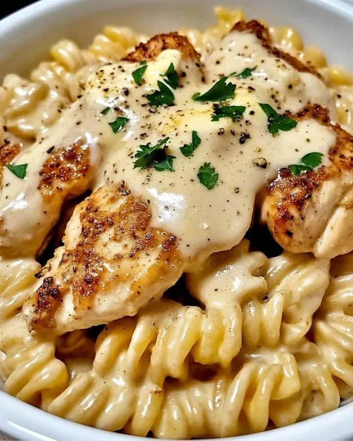 Creamy Garlic Butter Chicken served with Rotini in Parmesan Sauce